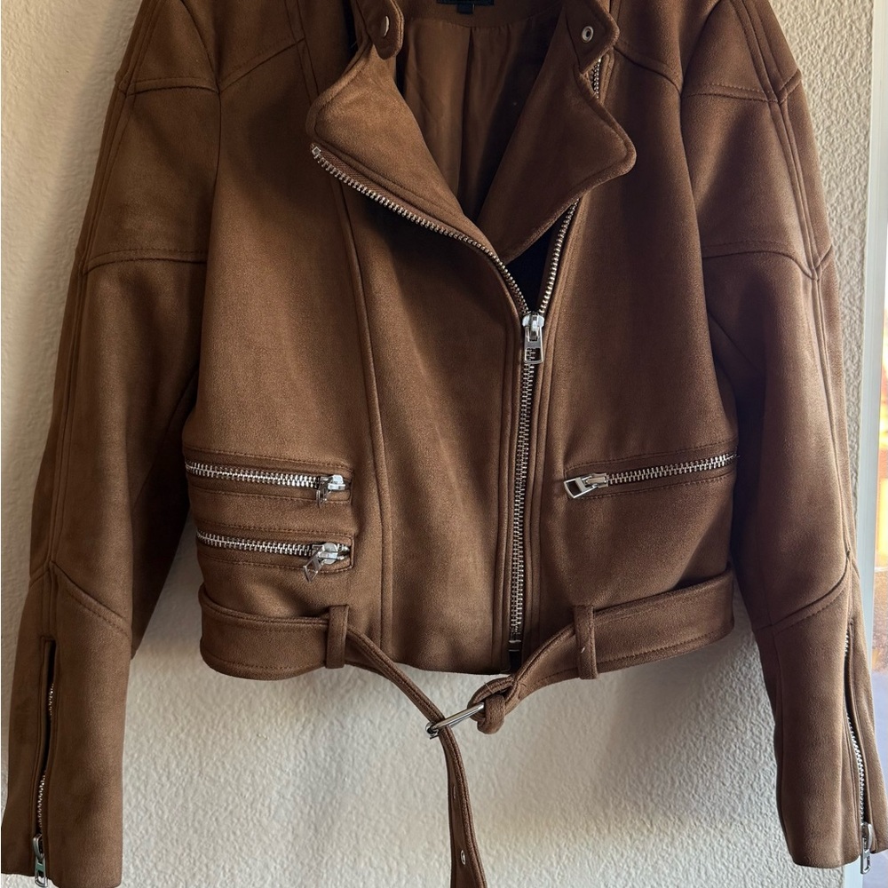Zara Tan Faux Leather Jacket with Zipper Details